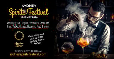 A poster for Sydney Spirits Festival on 10-12 May 2024 with a bartender crafting a cocktail